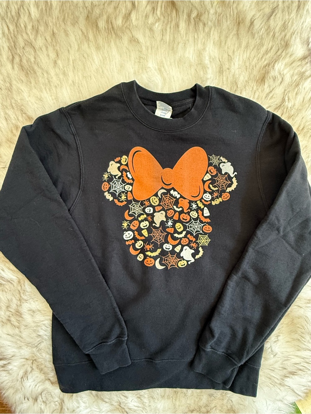 Disney Black Sweatshirt with Orange Minnie Bow Halloween Graphic